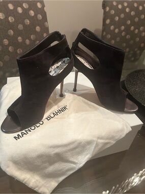 Manolo Blahnik Black Suede Peep-Toe Cutout Stiletto Booties